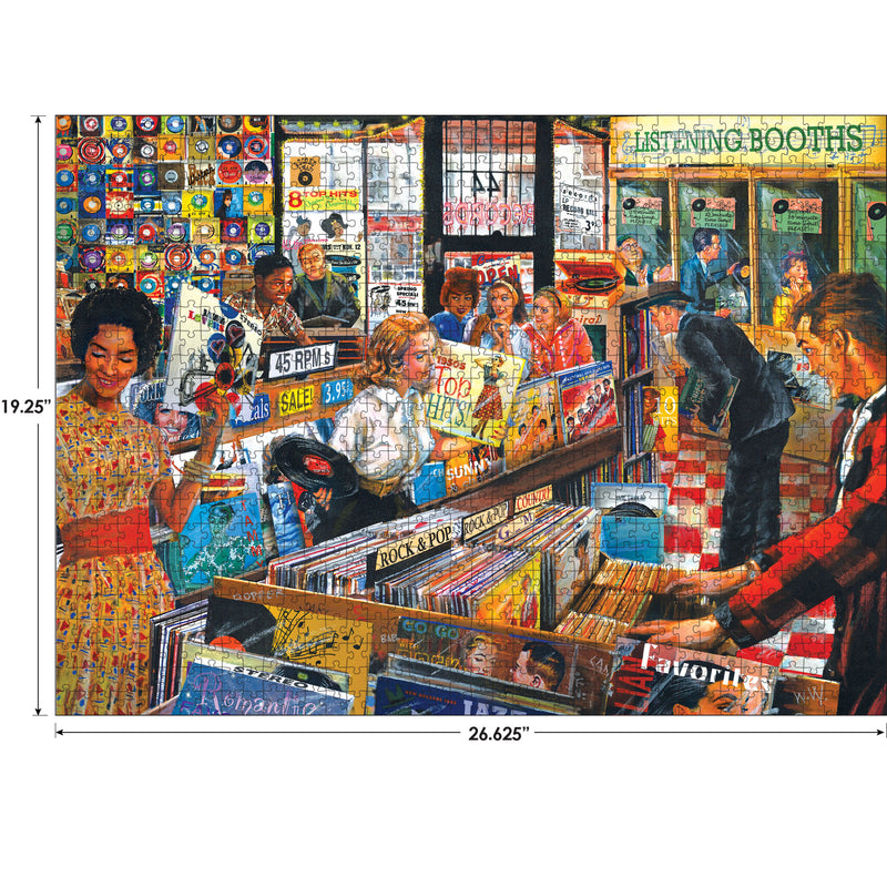 A busy record store featuring people browsing vinyl records, with listening booths in the background. The store is colorful and filled with various music genres on display, just like the RoseArt - Back to the Past - Record Store - 1000 Piece Jigsaw Puzzle.
