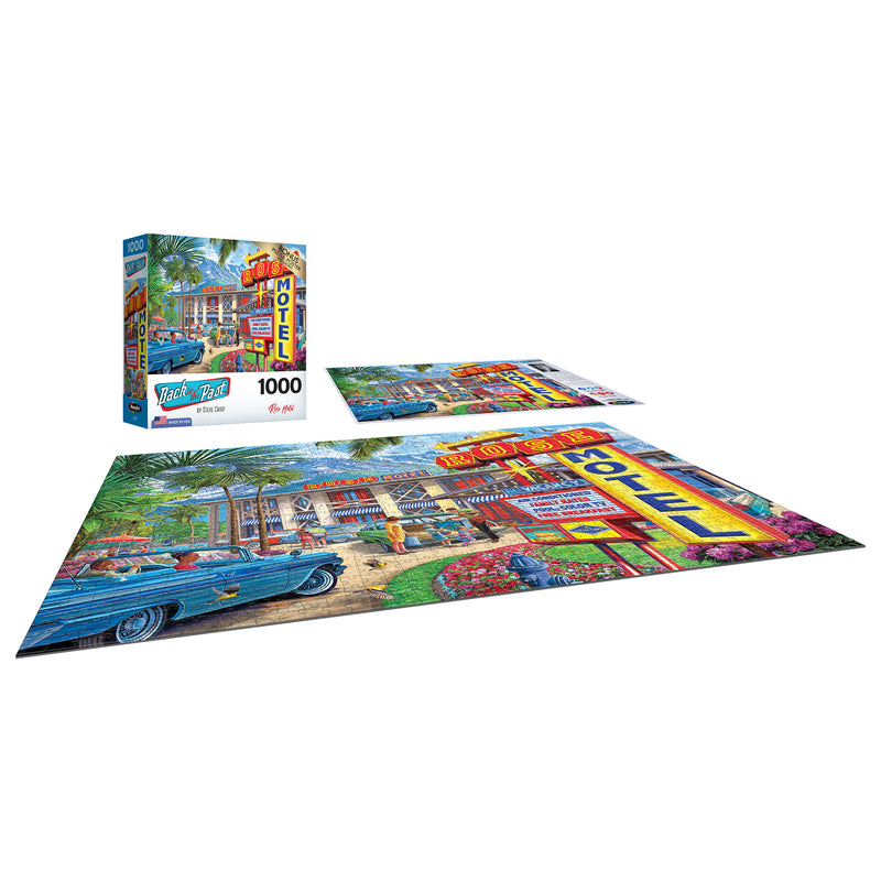 A 1000-piece puzzle featuring a vibrant, retro motel scene with classic cars and lush greenery. The completed puzzle is displayed next to its box. RoseArt - Back to the Past - Rose Motel - 1000 Piece Jigsaw Puzzle.