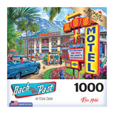 A puzzle box cover shows a vintage motel with neon signs, classic cars, and people in retro outfits. The puzzle has 1000 pieces and is titled "RoseArt - Back to the Past - Rose Motel - 1000 Piece Jigsaw Puzzle" by Steve Crisp.