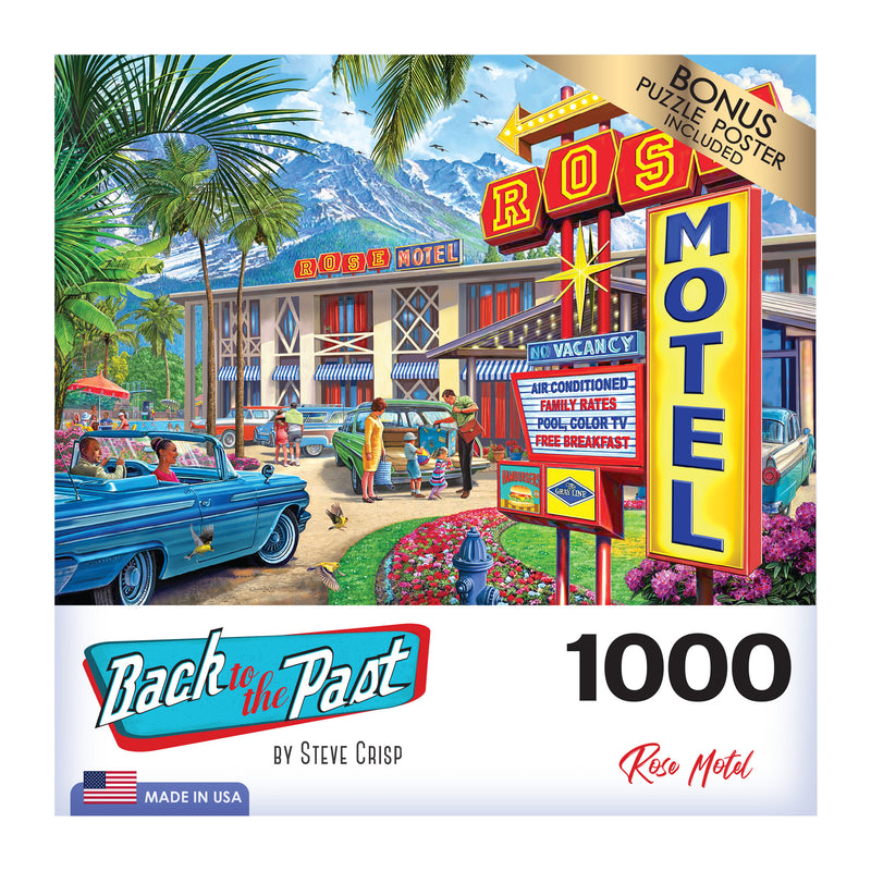 A puzzle box cover shows a vintage motel with neon signs, classic cars, and people in retro outfits. The puzzle has 1000 pieces and is titled "RoseArt - Back to the Past - Rose Motel - 1000 Piece Jigsaw Puzzle" by Steve Crisp.