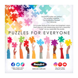 Multiple hands hold colorful puzzle pieces against a background of interlocking puzzle pieces, promoting the RoseArt - Back to the Past - Rose Motel - 1000 Piece Jigsaw Puzzle with text highlighting inclusivity, bright colors, and the joy of assembling puzzles.