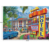 A colorful puzzle image depicting a vintage 1950s motel scene with a large "Rose Motel" sign, classic cars, and a backdrop of palm trees and mountains. The dimensions are 19.25" by 26.625". The product is RoseArt - Back to the Past - Rose Motel - 1000 Piece Jigsaw Puzzle.