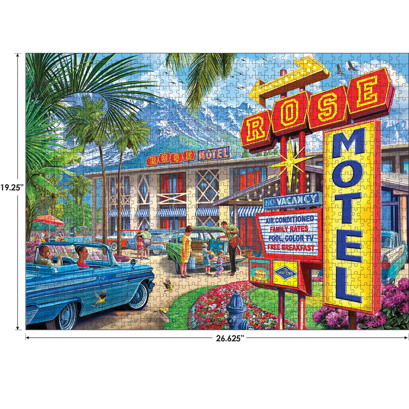 A colorful puzzle image depicting a vintage 1950s motel scene with a large "Rose Motel" sign, classic cars, and a backdrop of palm trees and mountains. The dimensions are 19.25" by 26.625". The product is RoseArt - Back to the Past - Rose Motel - 1000 Piece Jigsaw Puzzle.