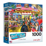 A vibrant 1950s diner scene puzzle box titled "RoseArt - Back to the Past - Cookie's Diner - 1000 Piece Jigsaw Puzzle" featuring art by Edward Wargo. Includes a bonus poster and is made in the USA by RoseArt.