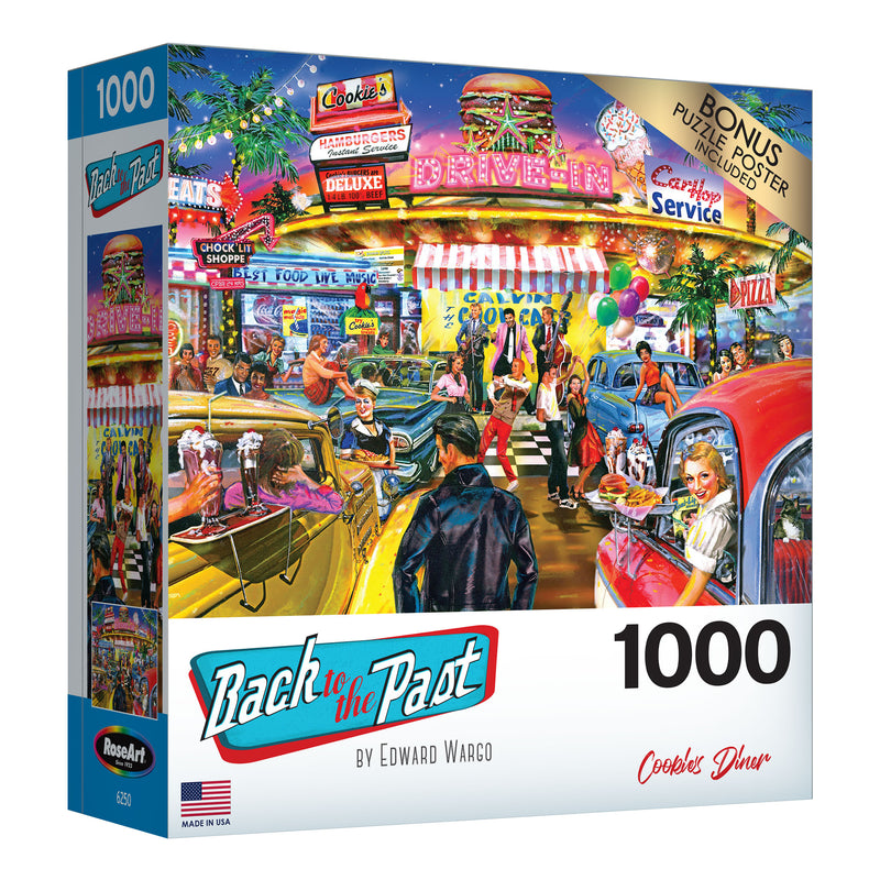 A vibrant 1950s diner scene puzzle box titled "RoseArt - Back to the Past - Cookie's Diner - 1000 Piece Jigsaw Puzzle" featuring art by Edward Wargo. Includes a bonus poster and is made in the USA by RoseArt.