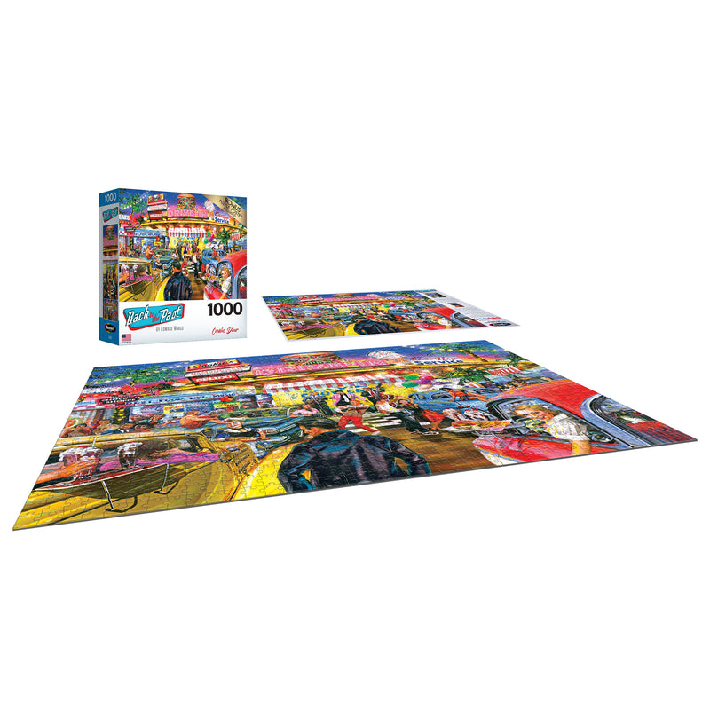 A 1000-piece puzzle set showing a vibrant scene of people in a busy 1950s-style diner. The puzzle box and assembled sections are displayed. Product Name: RoseArt - Back to the Past - Cookie's Diner - 1000 Piece Jigsaw Puzzle