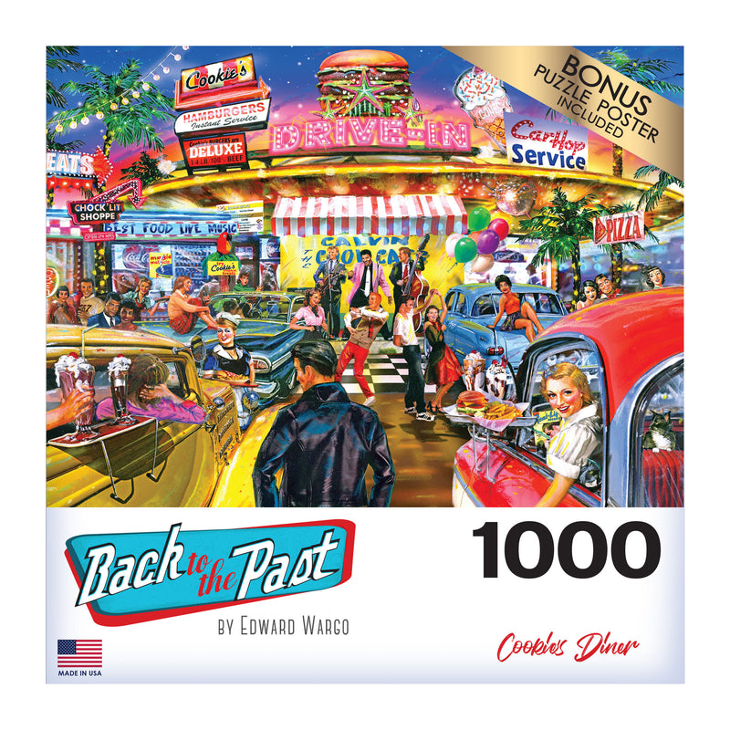 A vibrant puzzle box cover shows a lively 1950s diner scene with cars, people, and neon lights, titled RoseArt - Back to the Past - Cookie's Diner - 1000 Piece Jigsaw Puzzle by Edward Wargo.