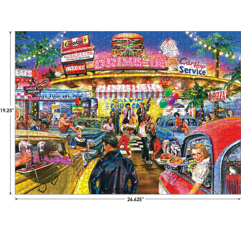 RoseArt - Back to the Past - Cookie's Diner - 1000 Piece Jigsaw Puzzle depicting a lively 1950s diner scene with neon signs, vintage cars, and people enjoying food and music. Dimensions: 19.25 inches by 26.625 inches.