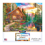 Image of the "RoseArt - My Happy Place - Forest Cabin Home - 1000 Piece Jigsaw Puzzle," featuring a cabin by a pond with vibrant scenery, titled "my happy place" with artwork by David Maclean. Includes a bonus puzzle poster.