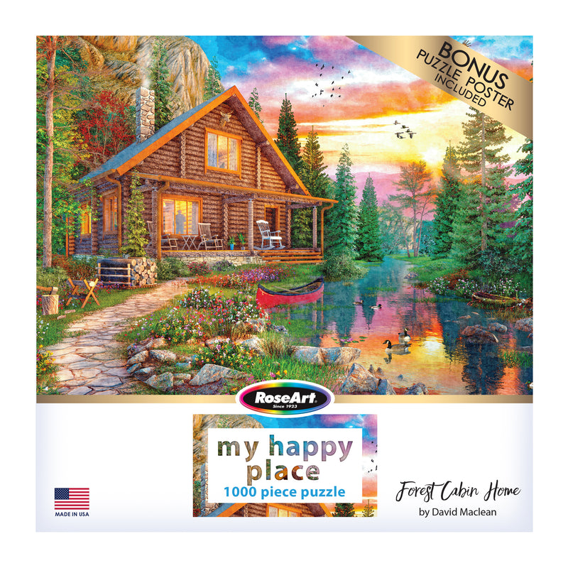 Image of the "RoseArt - My Happy Place - Forest Cabin Home - 1000 Piece Jigsaw Puzzle," featuring a cabin by a pond with vibrant scenery, titled "my happy place" with artwork by David Maclean. Includes a bonus puzzle poster.