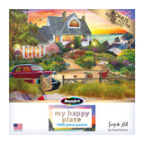 Box cover of a 1000-piece jigsaw puzzle titled "RoseArt - My Happy Place - Seaside Hill - 1000 piece jigsaw puzzle" by David Maclean, depicting a scenic coastal cottage with a vintage car and lush garden, produced by RoseArt.