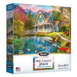 Box of a 1000-piece RoseArt - My Happy Place - Fishing Retreat - 1000 Piece Jigsaw Puzzle, titled "Fishing Retreat" by Dominic Davison, depicting a house by a lake with a blue boat and colorful surroundings. Includes a bonus poster.