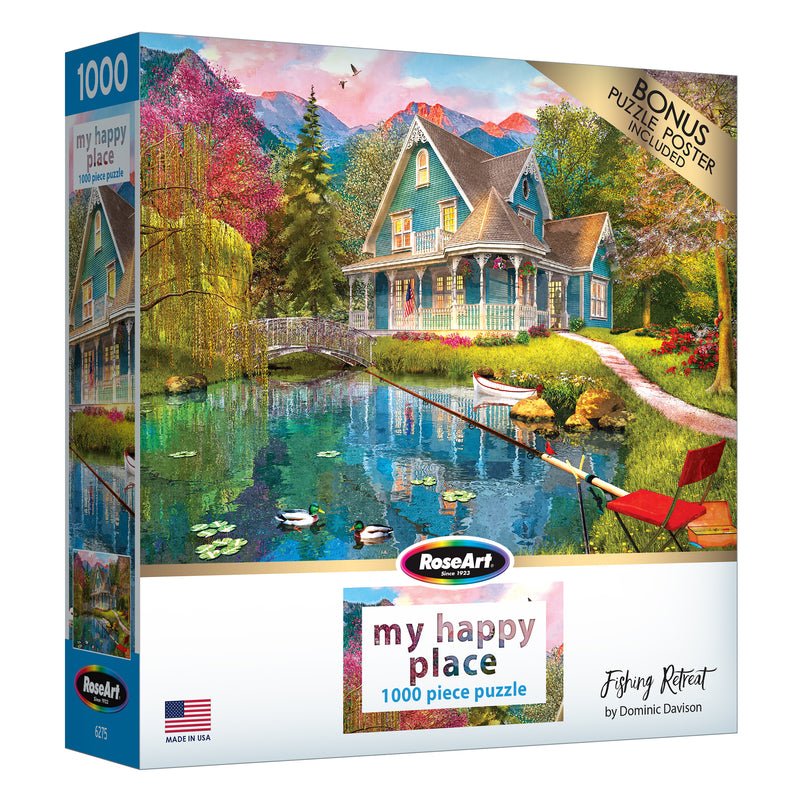 Box of a 1000-piece RoseArt - My Happy Place - Fishing Retreat - 1000 Piece Jigsaw Puzzle, titled "Fishing Retreat" by Dominic Davison, depicting a house by a lake with a blue boat and colorful surroundings. Includes a bonus poster.