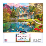 Box cover of a **RoseArt - My Happy Place - Fishing Retreat - 1000 Piece Jigsaw Puzzle** featuring a cottage by a pond with surrounding trees. Made by RoseArt, a bonus puzzle poster is included.