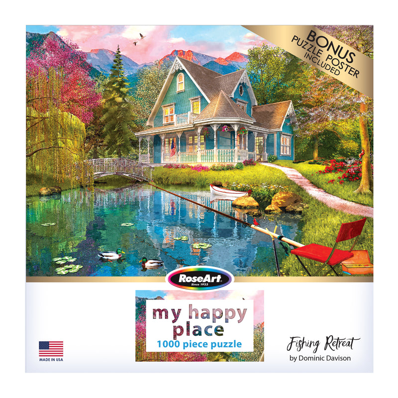 Box cover of a **RoseArt - My Happy Place - Fishing Retreat - 1000 Piece Jigsaw Puzzle** featuring a cottage by a pond with surrounding trees. Made by RoseArt, a bonus puzzle poster is included.