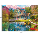 A completed RoseArt - My Happy Place - Fishing Retreat - 1000 Piece Jigsaw Puzzle depicting a serene lakeside scene with a house, pond with ducks, a fishing rod, a red chair, and a bridge.