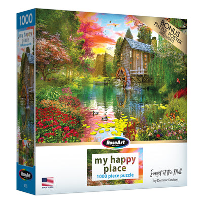 A 1000-piece puzzle box featuring a colorful image of a water mill by a pond surrounded by trees and flowers. The brand is RoseArt, and it includes a bonus poster. Titled "RoseArt - My Happy Place - Sunset at the Mill - 1000 Piece Jigsaw Puzzle" by Dominic Davison.