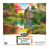 A 1,000 piece puzzle titled "RoseArt - My Happy Place - Sunset at the Mill - 1000 Piece Jigsaw Puzzle" features a scenic watermill surrounded by colorful flowers and a calm pond. "My Happy Place" is written on the box. Includes a bonus puzzle poster.