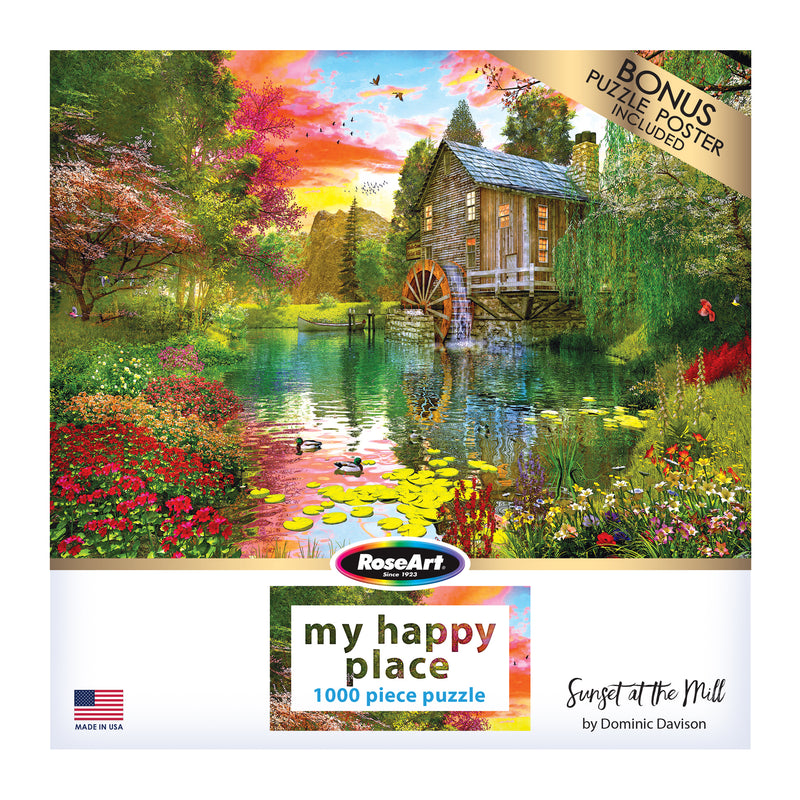 A 1,000 piece puzzle titled "RoseArt - My Happy Place - Sunset at the Mill - 1000 Piece Jigsaw Puzzle" features a scenic watermill surrounded by colorful flowers and a calm pond. "My Happy Place" is written on the box. Includes a bonus puzzle poster.