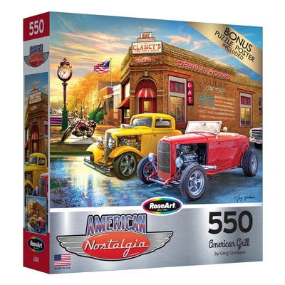 A 500-piece puzzle box featuring a vintage American diner scene with classic cars, titled "RoseArt - American Nostalgia - American Grill," from RoseArt. Bonus poster included.