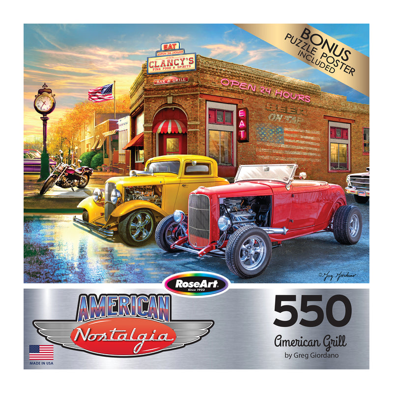Puzzle box cover featuring classic cars parked in front of a nostalgic American diner with a sign reading "Clancy's" under a sunset sky. The puzzle has 550 pieces and is titled "RoseArt - American Nostalgia - American Grill - 500 Piece Jigsaw Puzzle.