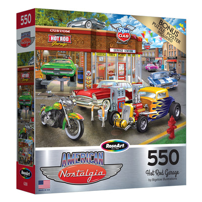 Puzzle box labeled "RoseArt - American Nostalgia - Hot Rod Garage - 550 Piece Jigsaw Puzzle" featuring vintage cars, motorcycles, and a classic gas station illustration.