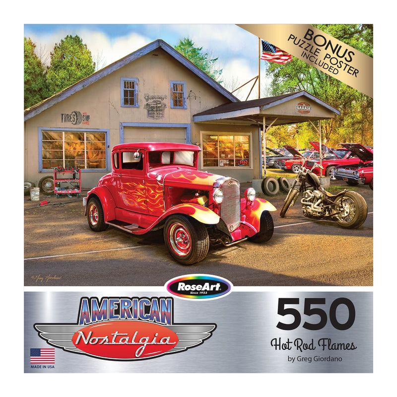 An image of a puzzle box featuring a vintage red hot rod car in front of an old garage. The puzzle contains 550 pieces and includes a bonus poster. The brand "RoseArt - American Nostalgia - Hot Rod Flames - 550 Piece Jigsaw Puzzle" is visible on the box.