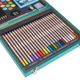Open RoseArt Timeless Creations Premium Sketch & Design 70+ piece art set zoomed into to show Floral, Rainbow, Landscape & Portrait colored pencils