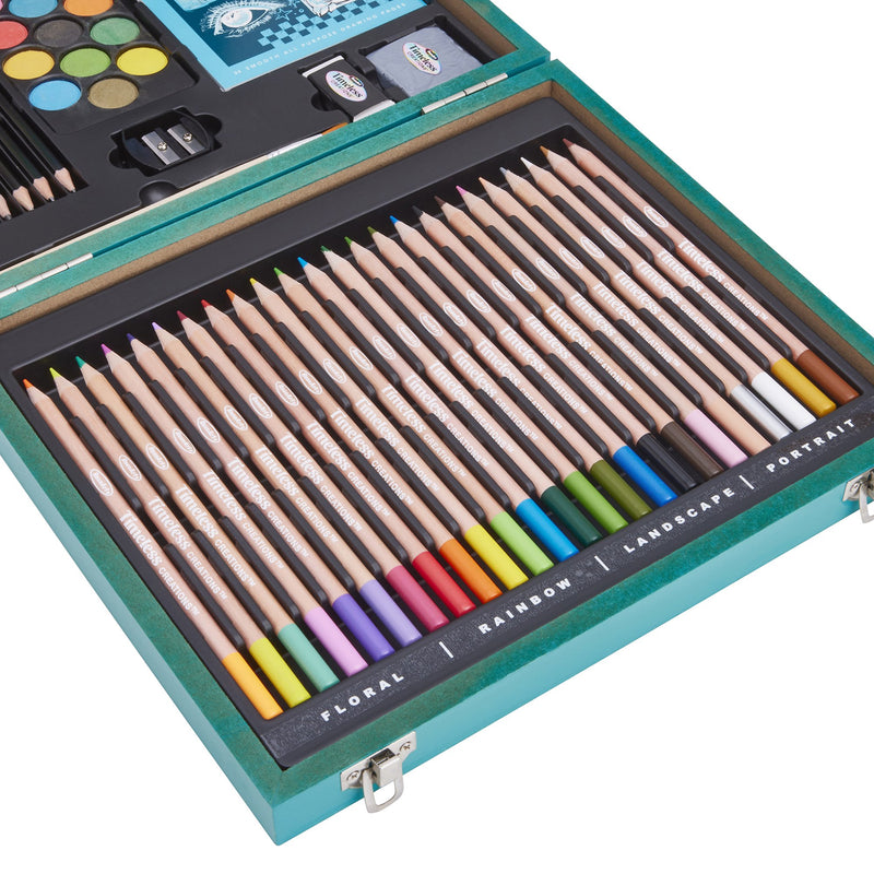 Open RoseArt Timeless Creations Premium Sketch & Design 70+ piece art set zoomed into to show Floral, Rainbow, Landscape & Portrait colored pencils