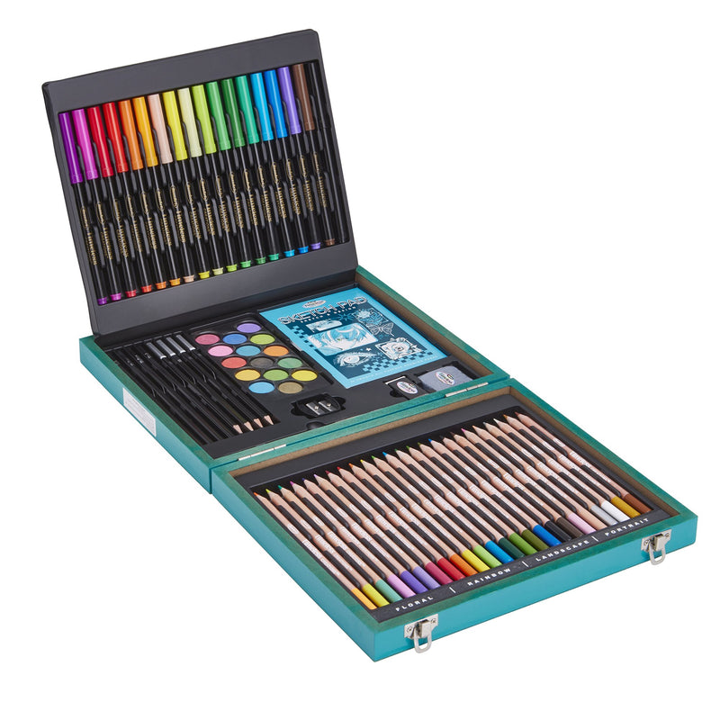 Open RoseArt Timeless Creations Premium Sketch & Design 70+ piece art set showing colored pencils, markers, pastels, drawing and charcoal pencils, sketch pad and teal wooden carrying case.