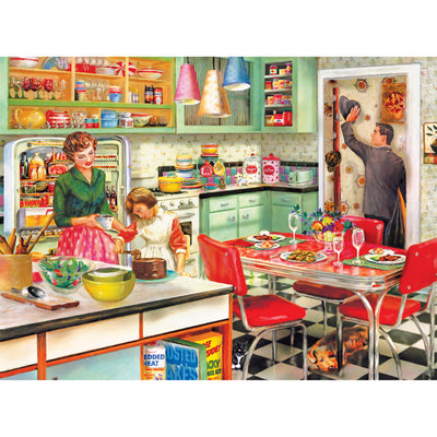 A retro kitchen scene with a woman and child preparing food, a man entering through a door tipping his hat, a table set for a meal, and a dog lying near the table is depicted in the RoseArt - Back to the Past - Baking with Mom - 1000 Piece Jigsaw Puzzle.