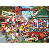 An illustration of a lively hometown celebration in Springfield featuring people, children, a classic car, carnival games, food stalls, and festive decorations with a banner reading "Springfield Hometown Celebration" can be found on the RoseArt - Back to the Past - Hometown Celebration - 1000 Piece Jigsaw Puzzle.