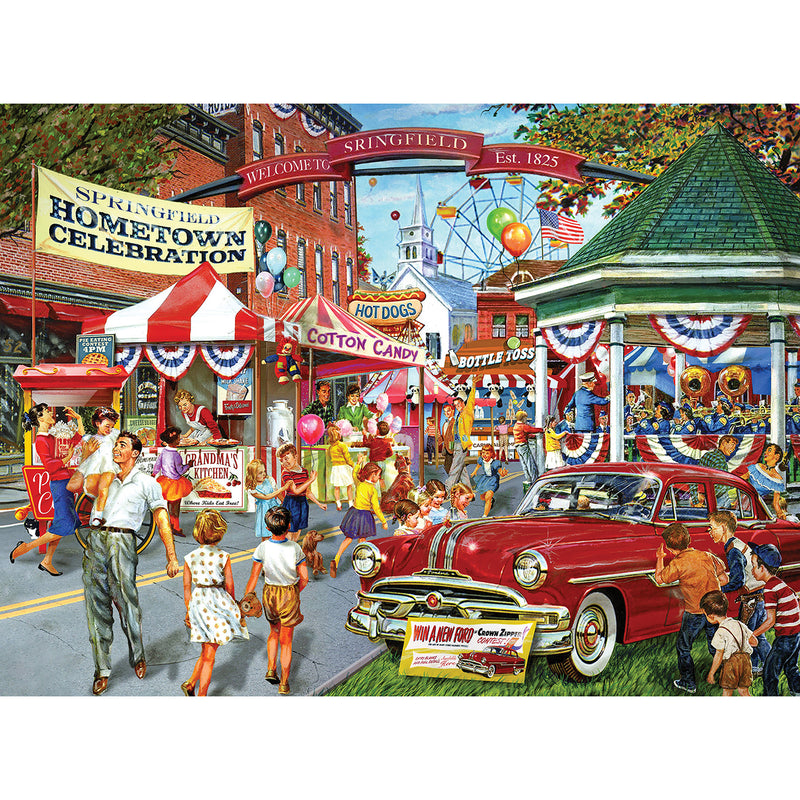 An illustration of a lively hometown celebration in Springfield featuring people, children, a classic car, carnival games, food stalls, and festive decorations with a banner reading "Springfield Hometown Celebration" can be found on the RoseArt - Back to the Past - Hometown Celebration - 1000 Piece Jigsaw Puzzle.