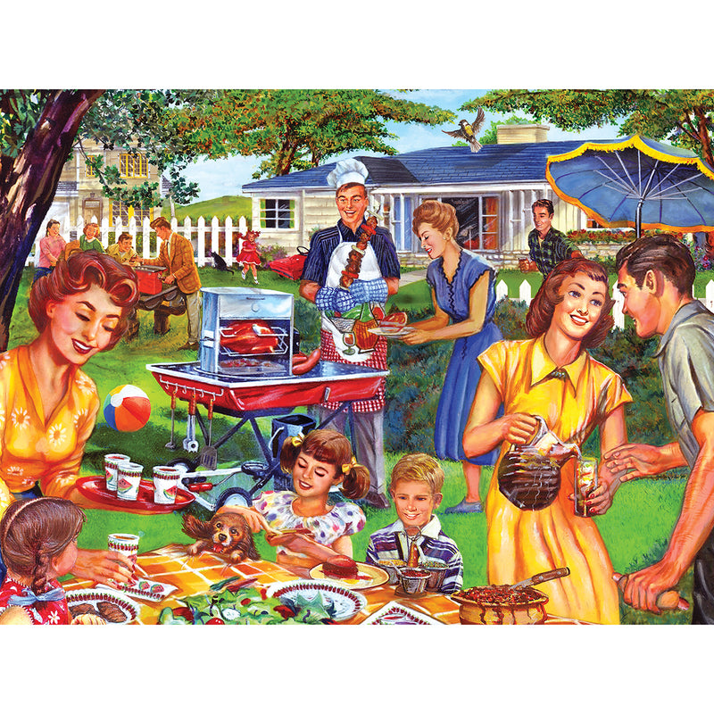 Illustration of a lively outdoor family barbecue. People are gathered around a table with food, with some grilling, serving, and eating. A house and trees are in the background. This scene is captured perfectly in the RoseArt - Back to the Past - Backyard BBQ - 1000 Piece Jigsaw Puzzle.