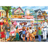 Children and adults gather around a RoseArt - Back to the Past - Ice Cream Truck Day - 1000 Piece Jigsaw Puzzle in a colorful neighborhood. The puzzle displays various ice cream options, and the puzzlers serve excited customers.