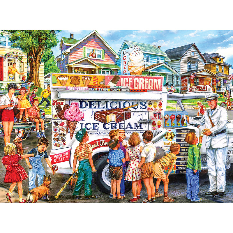 Children and adults gather around a RoseArt - Back to the Past - Ice Cream Truck Day - 1000 Piece Jigsaw Puzzle in a colorful neighborhood. The puzzle displays various ice cream options, and the puzzlers serve excited customers.