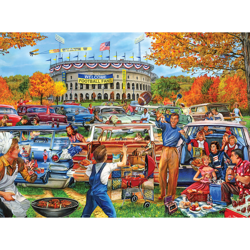 A lively tailgate party is depicted outside a stadium with people cooking, eating, and playing games near vintage cars. The marquee on the stadium reads, "Welcome Football Fans," captured perfectly in the RoseArt - Back to the Past - Tailgating Fun - 1000 Piece Jigsaw Puzzle.