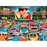 A vibrant, colorful drive-in movie theater scene featuring numerous classic cars parked and a movie screen displaying a couple kissing. Food stands and audience silhouettes are visible in the RoseArt - Back to the Past - Drive In Date Night - 1000 Piece Jigsaw Puzzle.