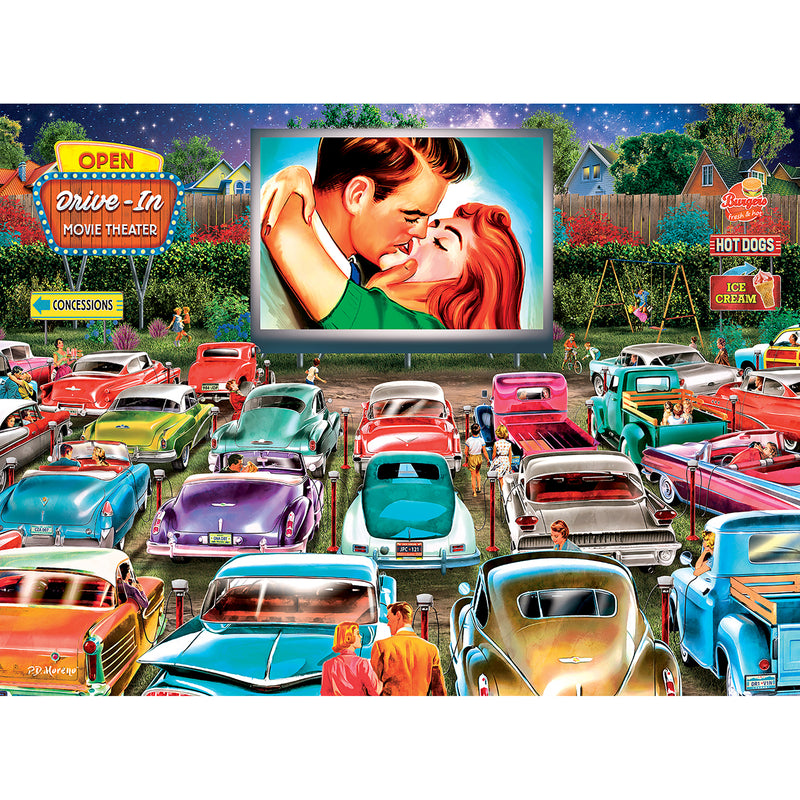 A vibrant, colorful drive-in movie theater scene featuring numerous classic cars parked and a movie screen displaying a couple kissing. Food stands and audience silhouettes are visible in the RoseArt - Back to the Past - Drive In Date Night - 1000 Piece Jigsaw Puzzle.