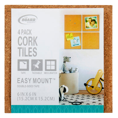 Photo of "Board Dudes Cork Tile - Lightweight 4 Count 6 x 6 INCH" product packaging. It includes an image of a child's room with cork tiles on the wall displaying a photo, note, and string. Tiles are 6x6 inches with easy mount tape.