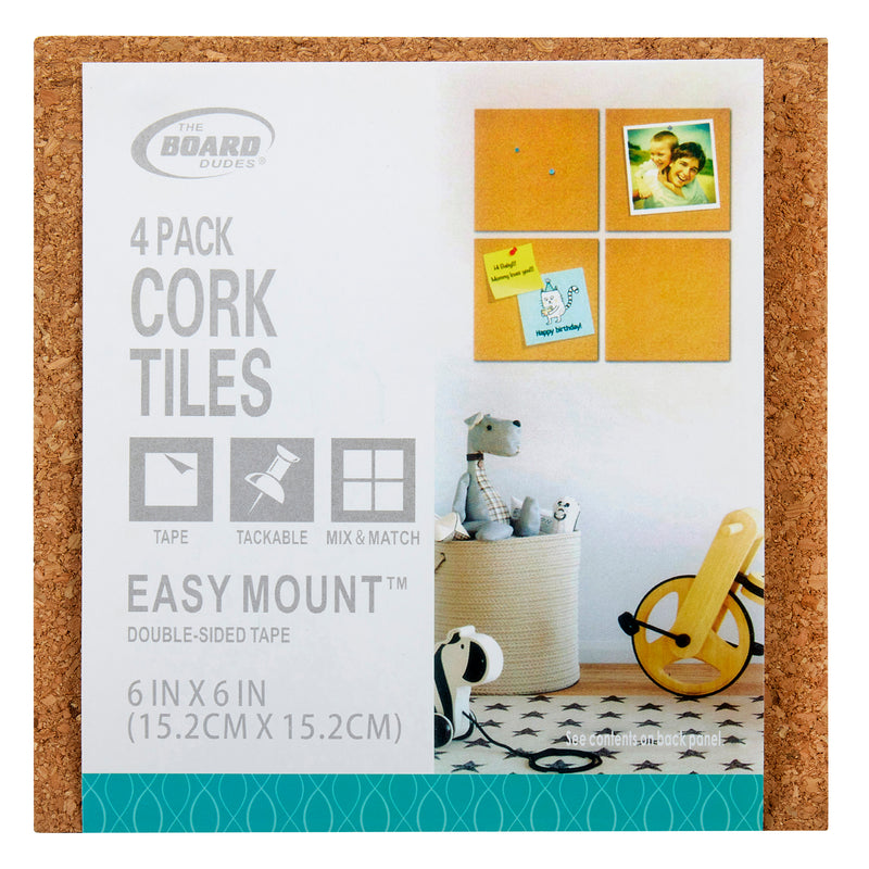 Photo of "Board Dudes Cork Tile - Lightweight 4 Count 6 x 6 INCH" product packaging. It includes an image of a child's room with cork tiles on the wall displaying a photo, note, and string. Tiles are 6x6 inches with easy mount tape.