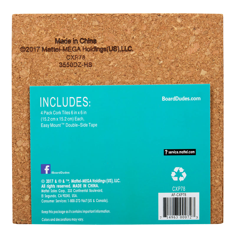 Back of a package of Board Dudes Cork Tile - Lightweight 4 Count 6 x 6 INCH showing information about the product, including dimensions, manufacturer details, and social media links.