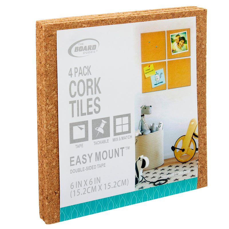 A package of Board Dudes Cork Tile - Lightweight 4 Count 6 x 6 INCH by The Board Dudes. Each tile measures 6x6 inches. The pack advertises features such as tape, tackable, and mix & match. Suitable for easy mounting with double-sided tape.