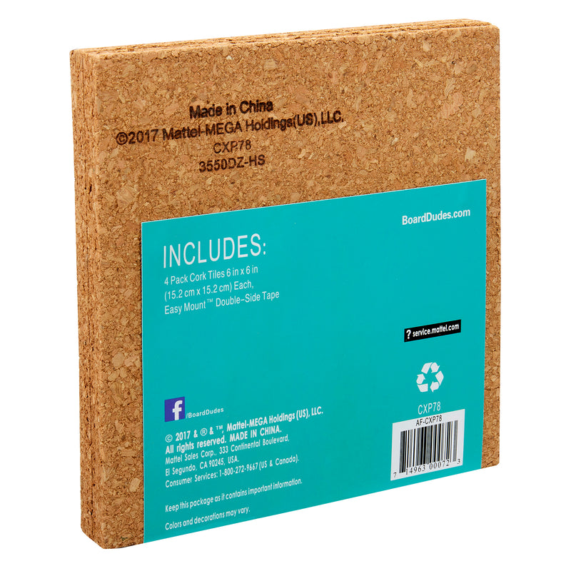 Image shows a pack of Board Dudes Cork Tile - Lightweight 4 Count 6 x 6 INCH, made in China. Packaging includes text specifications and a barcode on the blue label.