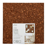 A pack of four 12" x 12" Board Dudes Dark Cork Tiles with illustrated examples of usage on the packaging. The label states they are easy to mount with double-sided tape.