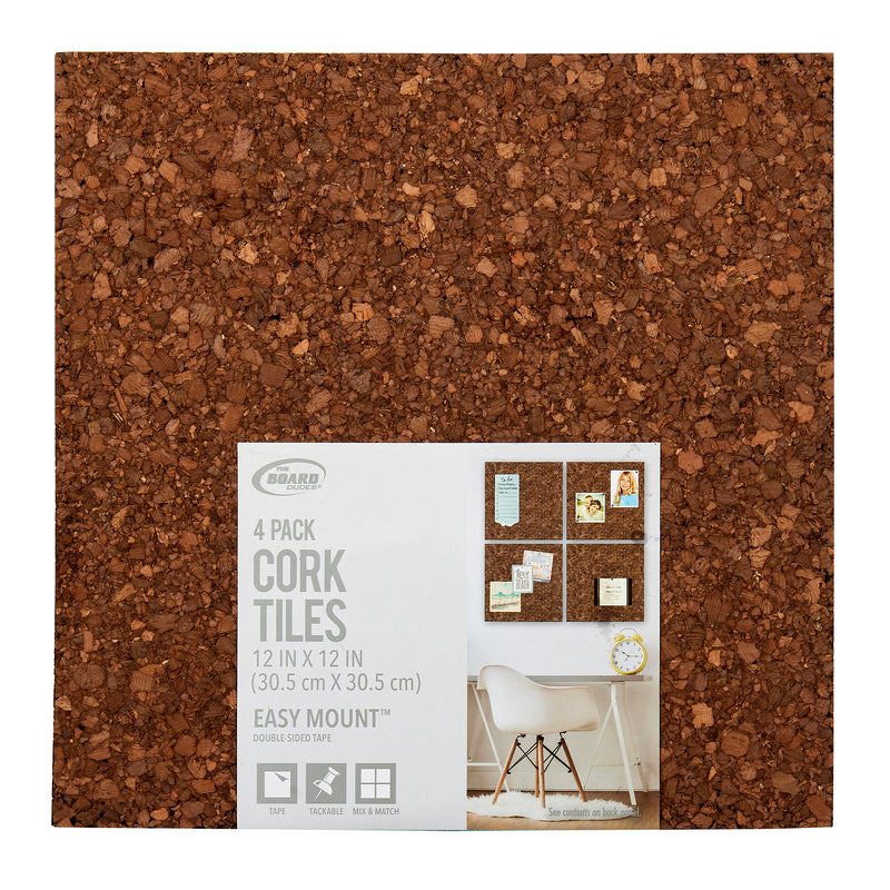 A pack of four 12" x 12" Board Dudes Dark Cork Tiles with illustrated examples of usage on the packaging. The label states they are easy to mount with double-sided tape.