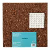 Board Dudes Dark Cork Tile - 4 Count 12 x 12 inches with a blue label showing product details and instructions. A white packet with "3M" logos and a piece of double-sided tape are included.