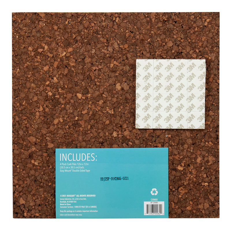 Board Dudes Dark Cork Tile - 4 Count 12 x 12 inches with a blue label showing product details and instructions. A white packet with "3M" logos and a piece of double-sided tape are included.