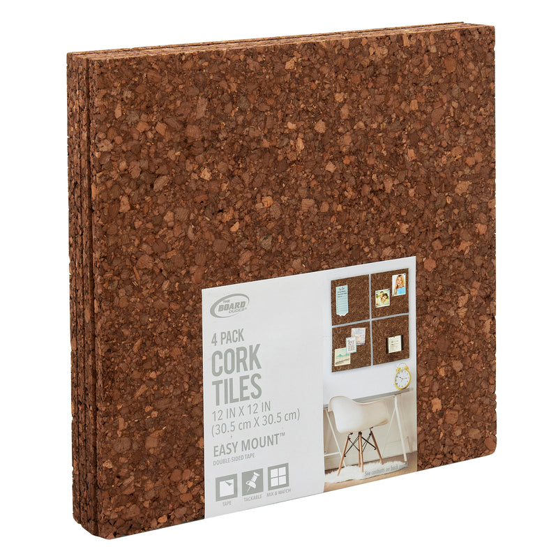 A pack of four cork tiles measuring 12 inches by 12 inches, labeled for easy mounting, shown in packaging with a photo of the tiles being used to pin notes and photos on a wall is the Board Dudes Dark Cork Tile - 4 Count 12 x 12 inches.