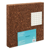 Stack of four Board Dudes Dark Cork Tile - 4 Count 12 x 12 inches with a small white label on the front, showing an adhesive back. Packaging label details included.
